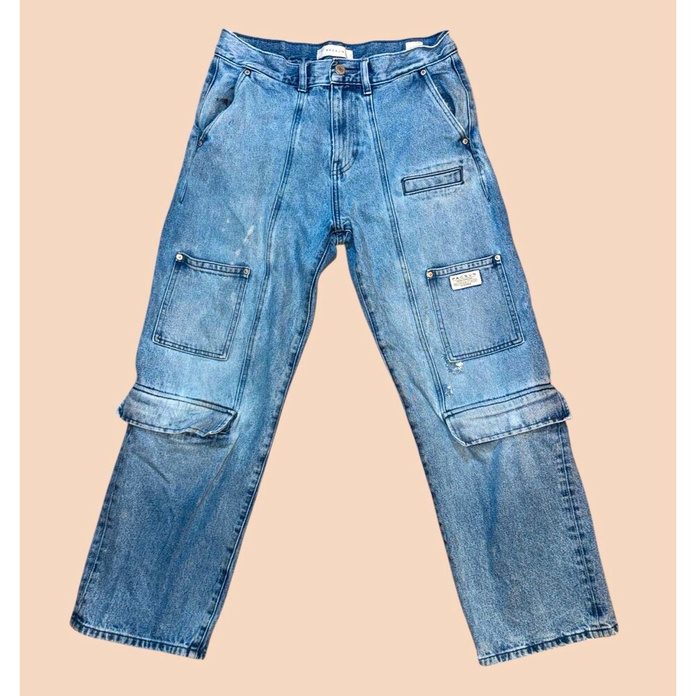 PacSun Baggy Cargo Jeans Men’s 30x30 Blue Medium Wash Denim Mid Rise Pockets